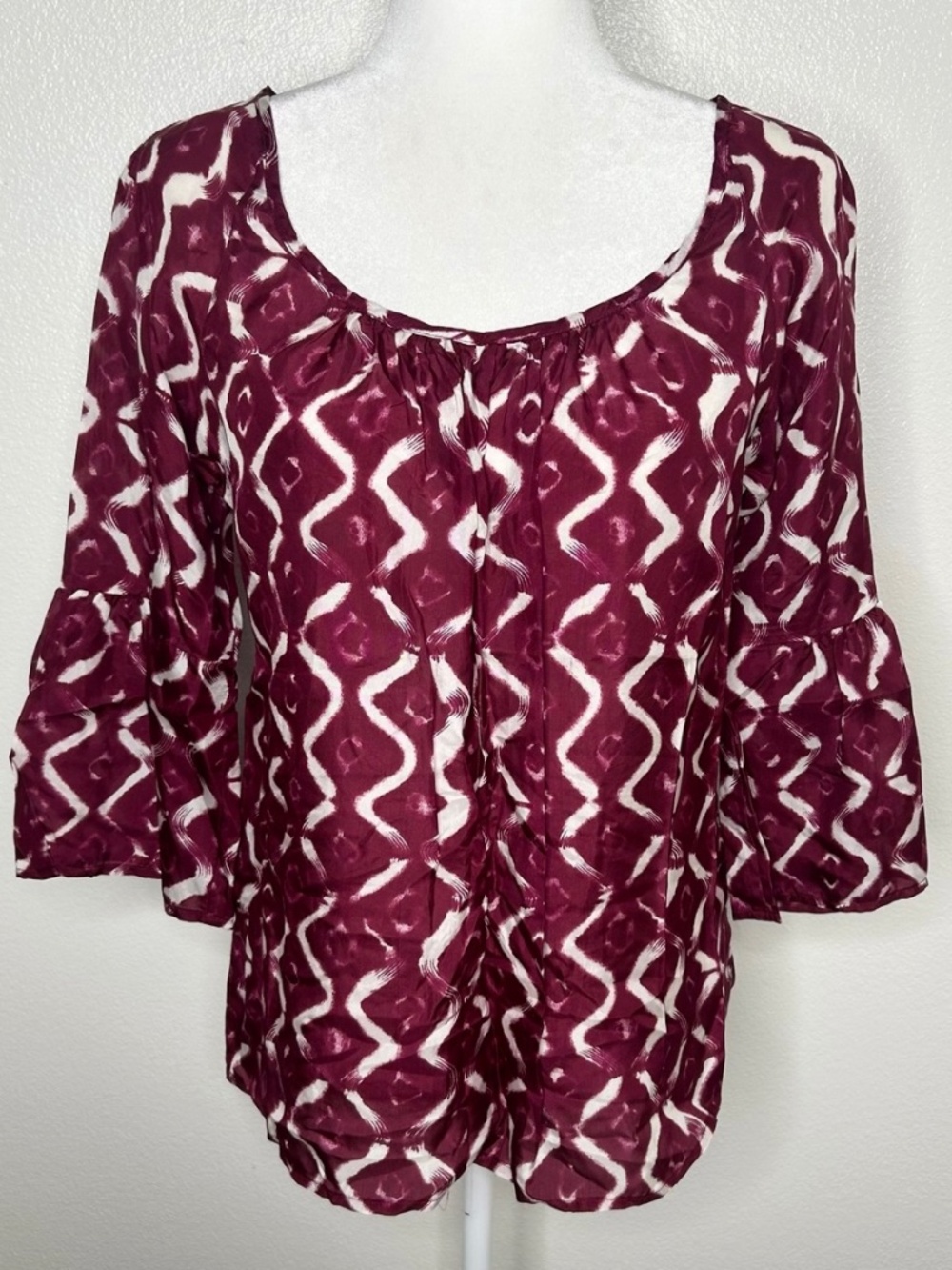Velvet Womens Maroon 100% Silk Patterned Top Blouse Flared Sleeve Size M